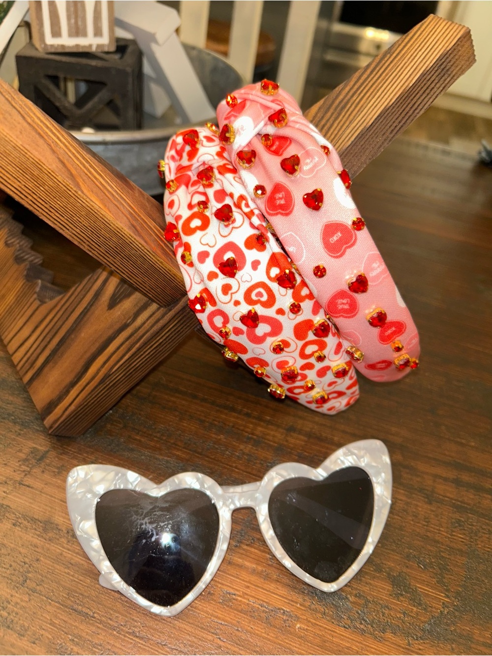 Valentine Heart Print Rhinestone Headbands and Heart Glasses Bundle